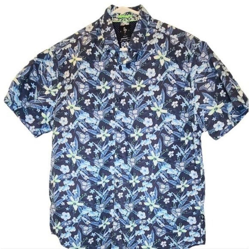 Men's DF Blue‎ Hawaiin Floral Button Down Shirt sz Medium